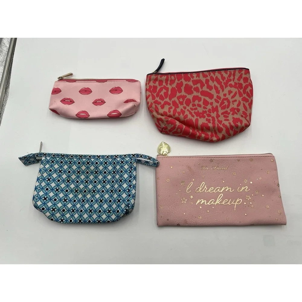 Lot of 4 Cosmetic Makeup Bags Pouches Lips Leopard Too Faced Blue Print
